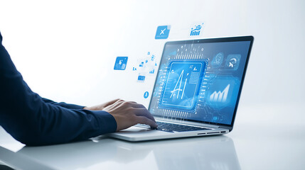 Obraz premium A conceptual image depicts a person using a laptop, which showcases floating digital icons and a large blue AI chip symbol. This scene illustrates themes of artificial intelligence,.