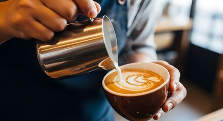 Barista pouring milk into coffee cup creating latte art design in cafe setting close up view scene