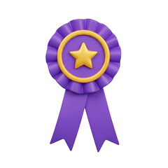 Purple rosette award ribbon with a gold star in the center, isolated on transparent background