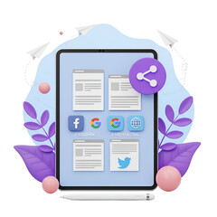 Tablet displaying social media icons and documents, surrounded by leaves and paper planes isolated on transparent background