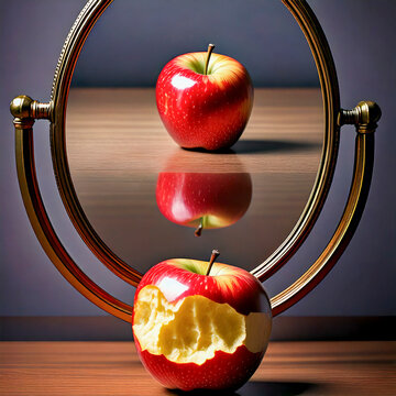La belleza de las cosas, una manzana frente a un espejo como concepto de vanidad.