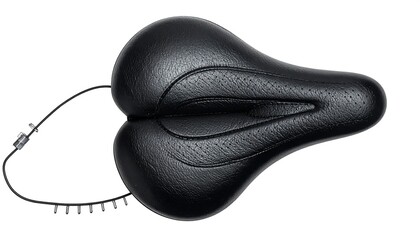 Overhead shot of a black bike saddle, designed with a split seat, perforated texture, and a connecting cable system
