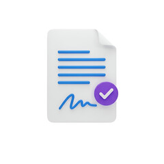 3d icon of a document with blue lines of text, a signature, and a purple checkmark, isolated on transparent background