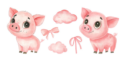 Cute cartoon pigs with ribbons and clouds in light pastel colors