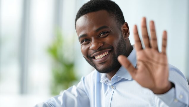 Smiling man waving hello in a bright office environment