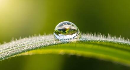 Close up of a dew drop on a blade of grass reflecting the surrounding greenery in a macro shot