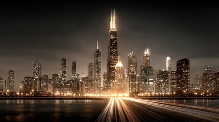 Obraz premium Nighttime cityscape of chicago illuminated with light trails and illuminated buildings