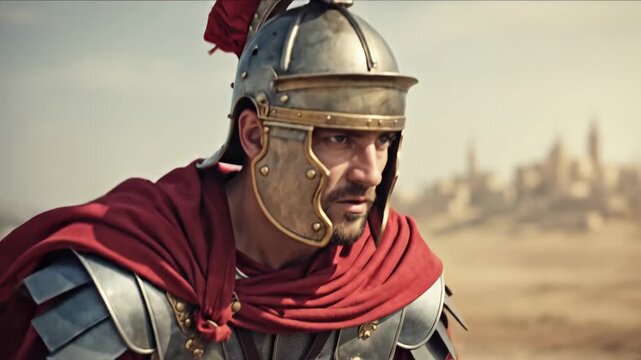 Man as a roman soldier in armor on horseback looks intently at his surroundings in a historical scene footage