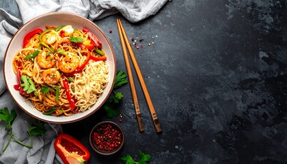 Overhead shot of a bowl filled with Asian-style noodles, shrimp, and vegetables. Chopsticks rest beside it on a dark textured surface