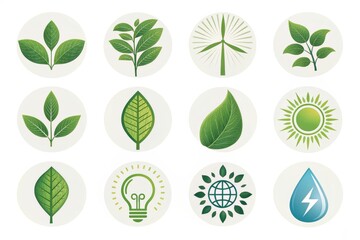 Set of Green Energy Icons Depicting Natural Elements