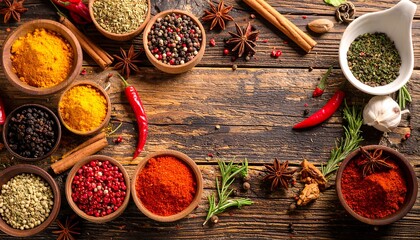 Overhead shot of a rustic wooden table showcasing various spices in small wooden bowls, along with chili peppers and aromatic herbs
