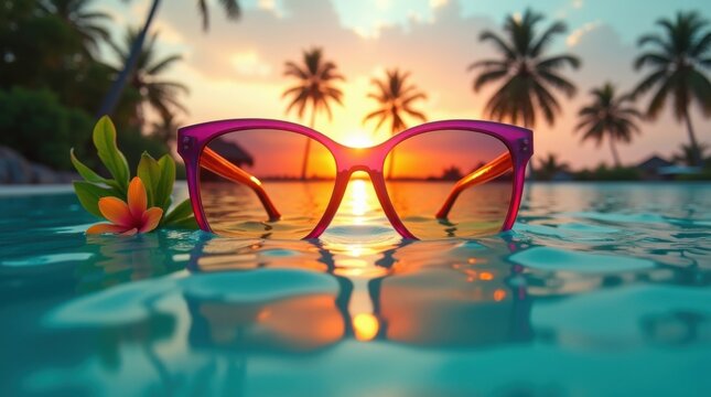 Gafas de sol modernas con monturas de colores brillantes flotando sobre las tranquilas aguas turquesas, reflejando una vibrante puesta de sol tropical