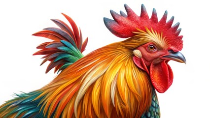 Fototapeta premium A colorful rooster with bright feathers against a white background