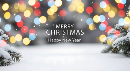 Christmas lights glowing on a snowy, merry Christmas and happy new year. 