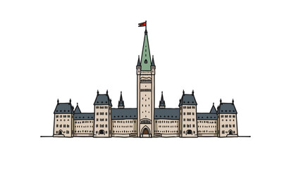 Obraz premium Illustration of a Historic Government Building with Tower and Flag Depicting Classical Architecture and Prominent Features in a Minimalist Style