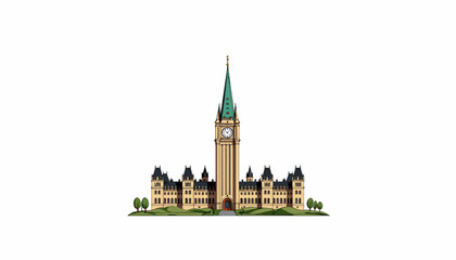Obraz premium Illustration of a Historic Government Building with Central Clock Tower and Symmetrical Architecture Surrounded by Lush Greenery on a Clear Day