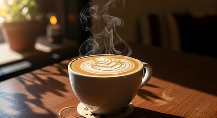 A cup of latte art steaming on a wooden table in a cafe with a plant in the background