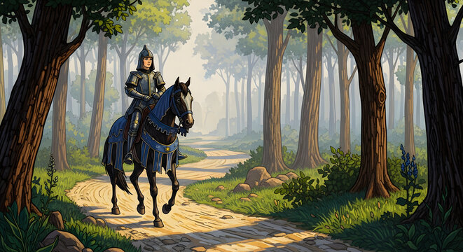 A lone knight riding a black horse on a winding forest path surrounded by tall trees from a high vantage point