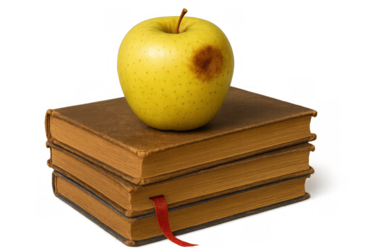 Bruised yellow apple balancing on a stack of old books with a red bookmark, symbolizing imperfect knowledge and learning