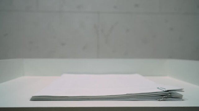 Close up stack of paper documents disappearing step by step. Stop motion animation