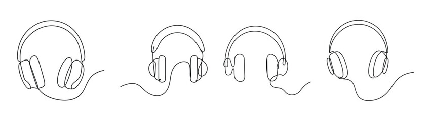 Obraz premium Four detailed line art sketch drawings of modern over ear headphones