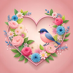 A delicate heart shape filled with blooming flowers and a bird