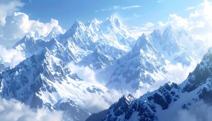 Obraz premium Majestic mountain range, snow-capped peaks piercing the blue sky, with swirling clouds adding depth and texture to the landscape