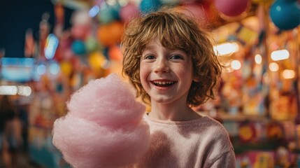 Happy kid with curly hair holds pink cotton candy at a fair. Use for ads about amusement parks and fun family activities.