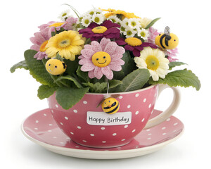 Cute flower arrangement in a pink polka dot teacup with bees