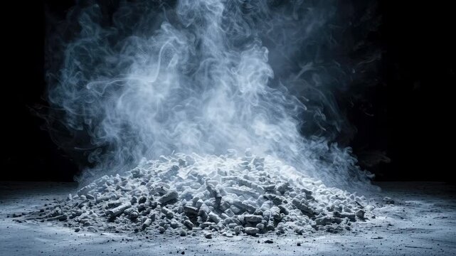Mysterious pile of light-colored, rocky material with ethereal smoke rising against a dark backdrop