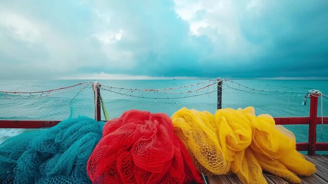 Vibrant fishing nets in blue, red, and yellow, lie on a wooden pier overlooking a vast ocean under a cloudy sky