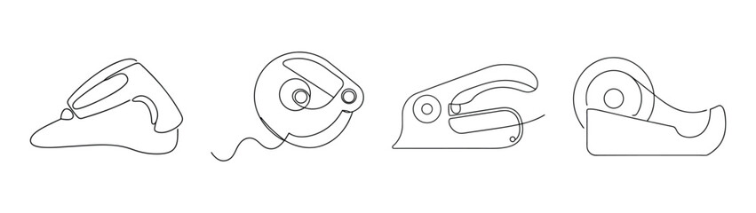 Obraz premium Set of stylized line art icons depicting vintage label maker machines in use