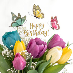 Watercolor a vibrant bouquet of tulips with butterflies fluttering around