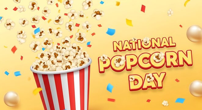 Celebrate national popcorn day with a festive illustration featuring a popcorn bucket, confetti, and cheerful typography on a yellow background