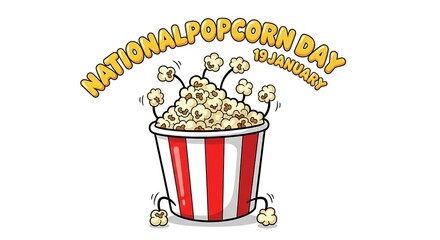 A cheerful cartoon illustration commemorating national popcorn day on january 19th, featuring a bucket overflowing with popcorn isolated on white background