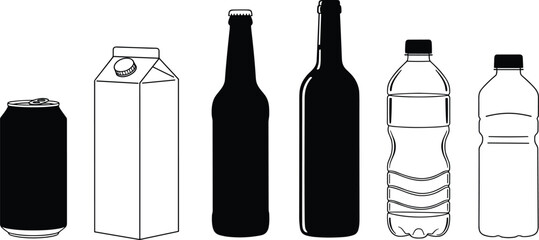 Beverage container icons, drink packaging set, soda can, juice carton, beer bottle, wine bottle, plastic water bottle, soft drink vector illustration