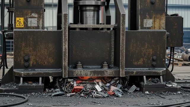Industrial compactor crushing scrap plastic, sparks flying. Recycling process. Heavy machinery at work