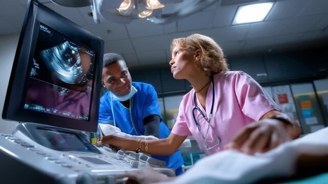 Medical Team's Insight: Focused medical professionals, immersed in the detailed study of a sonogram. Their concentrated faces tell a story of commitment and diligent examination. 