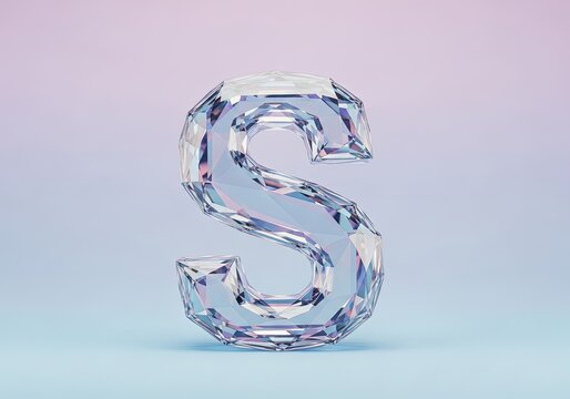 Stunning letter S made from faceted crystal glass clear material on a soft gradient studio background elegant design render