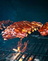 Racks of barbecued ribs on a grill over a bed of hot coals. The ribs are coated in a dark, glossy barbecue sauce.