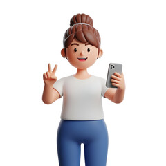 3d cartoon woman holding a smartphone and making peace sign isolated on transparent background