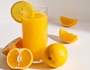 A glass of orange juice with a lemon slice garnish.  Several orange slices and a whole orange are also visible.