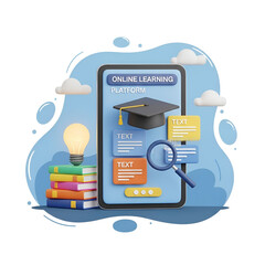 Online learning platform with books, lightbulb, graduation cap, and magnifying glass isolated on transparent background