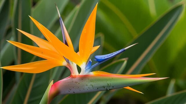 Striking bird of paradise flower with vibrant orange, blue, and green petals, water droplets