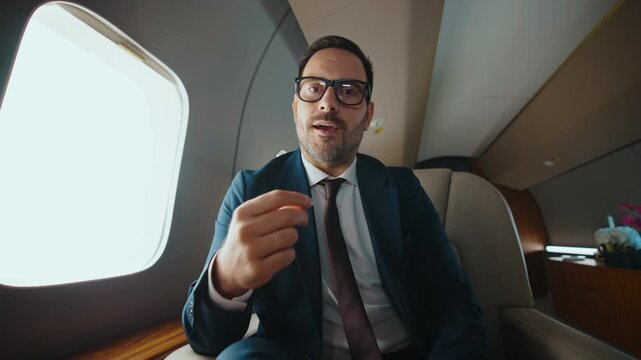 Confident middle-aged businessman wearing a suit and glasses having a video conference call while traveling in a luxury private jet, gesturing and talking directly to the camera