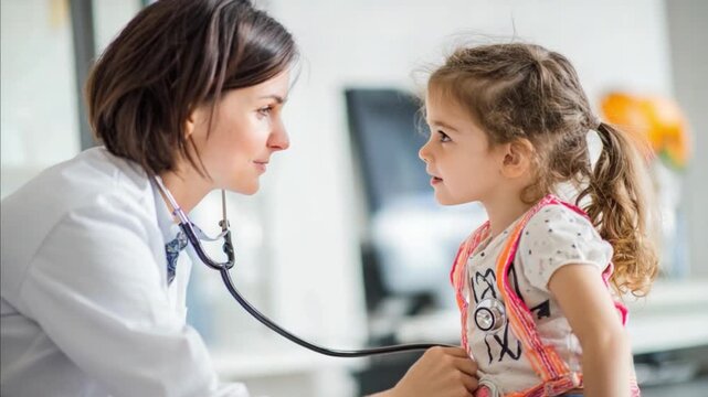 Doctor's Visit: A caring doctor examines a young patient, creating a calming environment with gentleness and reassuring her with her touch, embodying health care expertise.