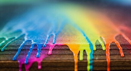 Rainbowhued liquid streams down a textured possibly wooden surface in an artistic display of vibrant colors