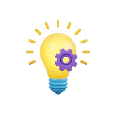 A 3d illustration of a glowing yellow light bulb with a purple gear inside, isolated on transparent background