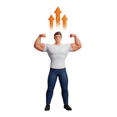 Strong man flexing muscles with upward arrows isolated on transparent background
