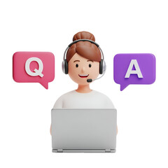 Woman with headphones and laptop with q and a speech bubbles isolated on transparent background